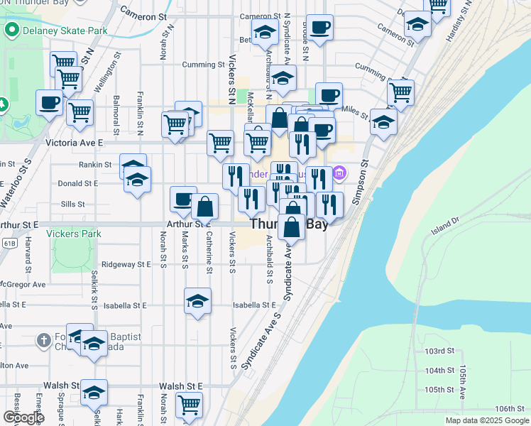 map of restaurants, bars, coffee shops, grocery stores, and more near 231 Archibald Street South in Thunder Bay