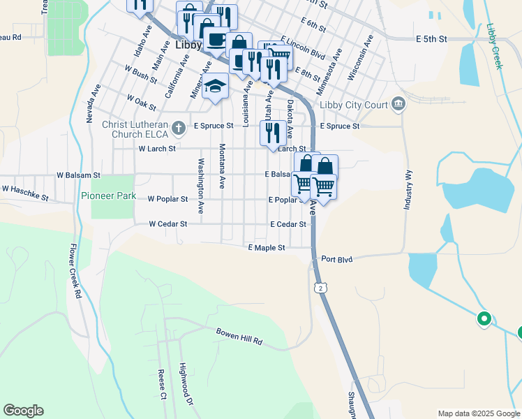 map of restaurants, bars, coffee shops, grocery stores, and more near 417 E Cedar St in Libby