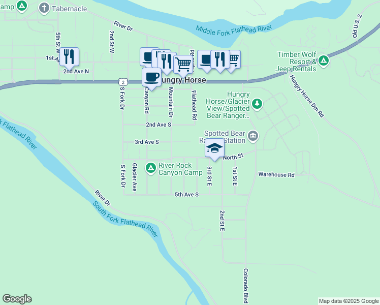 map of restaurants, bars, coffee shops, grocery stores, and more near 497 5th Street Southeast in Hungry Horse