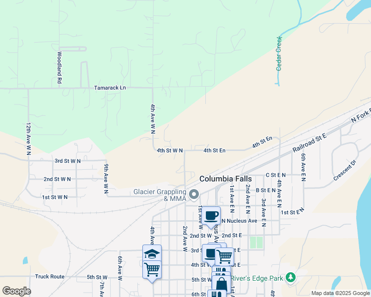 map of restaurants, bars, coffee shops, grocery stores, and more near 210-298 2nd Avenue West N in Columbia Falls