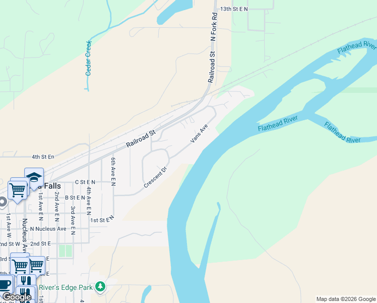 map of restaurants, bars, coffee shops, grocery stores, and more near 939 Vans Avenue in Columbia Falls