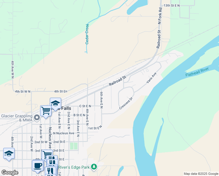 map of restaurants, bars, coffee shops, grocery stores, and more near 590 7th Avenue East North in Columbia Falls