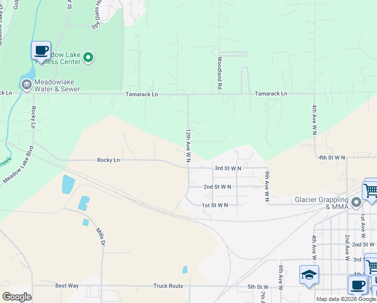 map of restaurants, bars, coffee shops, grocery stores, and more near 607 12th Avenue West North in Columbia Falls
