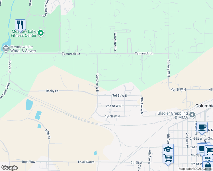 map of restaurants, bars, coffee shops, grocery stores, and more near 607-799 12th Avenue West N in Columbia Falls