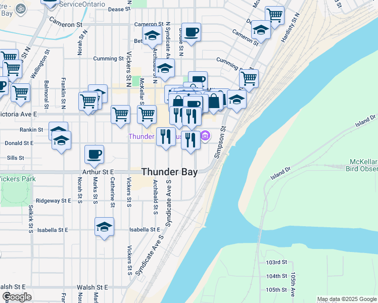 map of restaurants, bars, coffee shops, grocery stores, and more near 500 Donald Street East in Thunder Bay