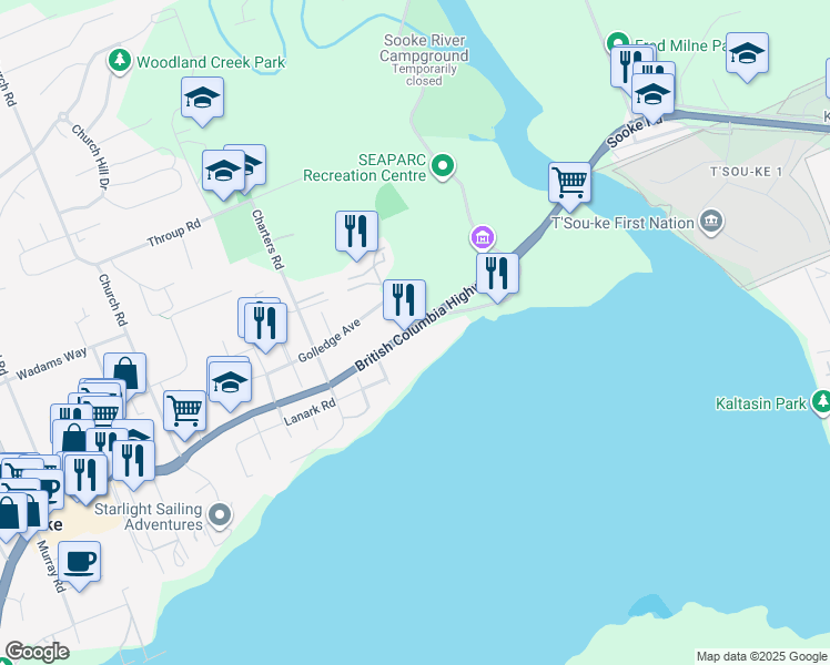 map of restaurants, bars, coffee shops, grocery stores, and more near 6431 Sooke Road in Sooke
