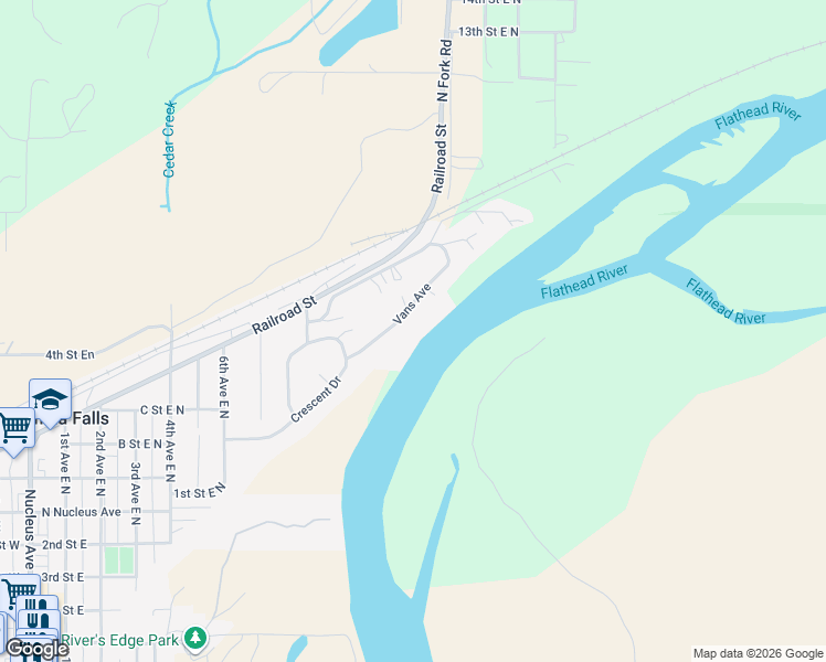 map of restaurants, bars, coffee shops, grocery stores, and more near 939-983 Vans Ave in Columbia Falls