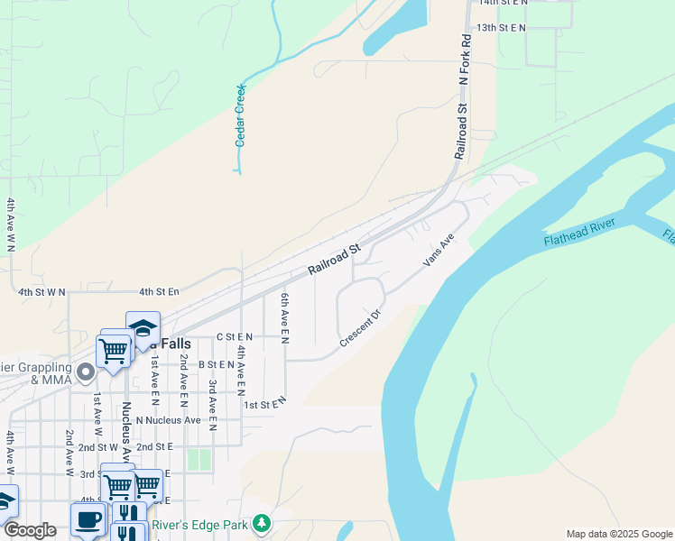 map of restaurants, bars, coffee shops, grocery stores, and more near 774 Railroad Street in Columbia Falls