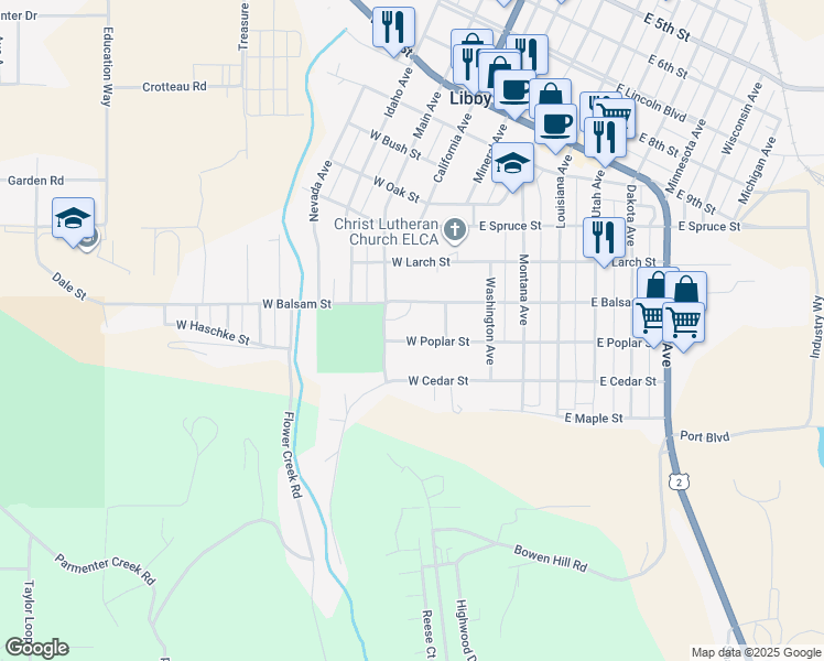 map of restaurants, bars, coffee shops, grocery stores, and more near 220 W Poplar St in Libby