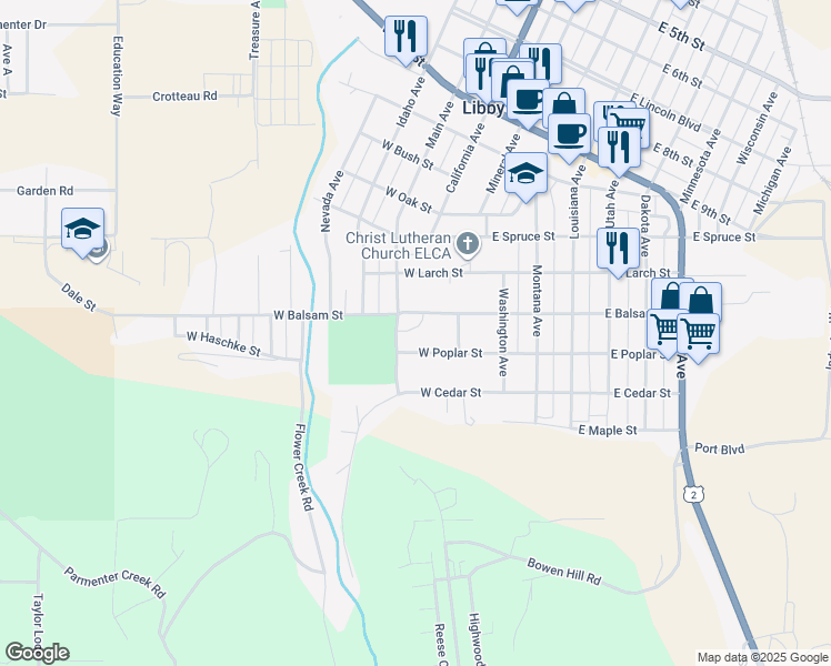 map of restaurants, bars, coffee shops, grocery stores, and more near 220 W Poplar St in Libby