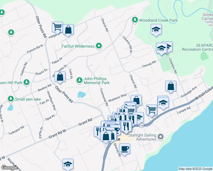 map of restaurants, bars, coffee shops, grocery stores, and more near 2191 Townsend Road in Sooke