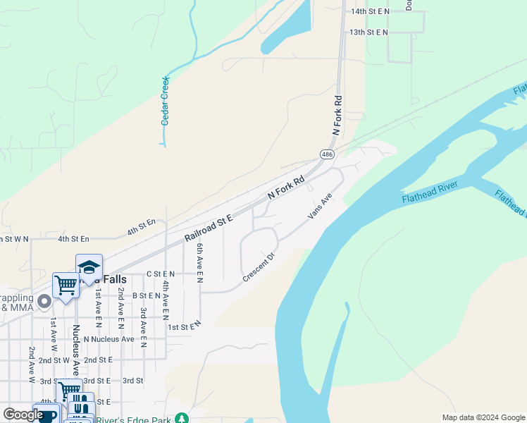 map of restaurants, bars, coffee shops, grocery stores, and more near 661 8th Avenue East North in Columbia Falls