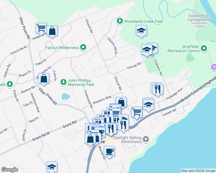 map of restaurants, bars, coffee shops, grocery stores, and more near 2182 Church Road in Sooke