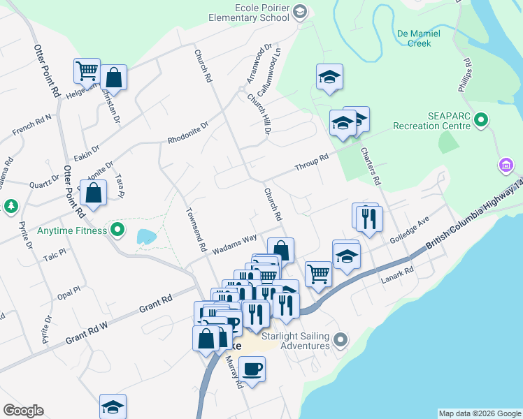 map of restaurants, bars, coffee shops, grocery stores, and more near 2182 Church Road in Sooke