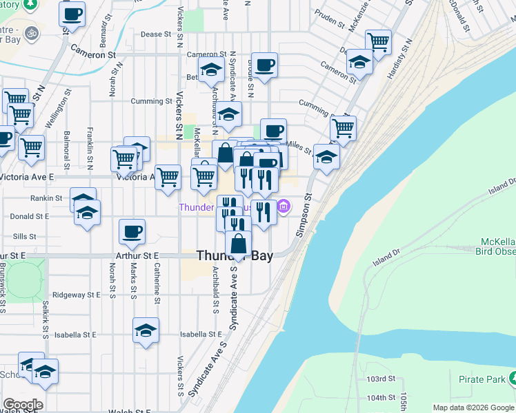 map of restaurants, bars, coffee shops, grocery stores, and more near 130 Brodie Street South in Thunder Bay