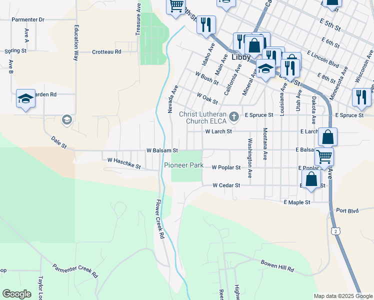 map of restaurants, bars, coffee shops, grocery stores, and more near 401 West Balsam Street in Libby