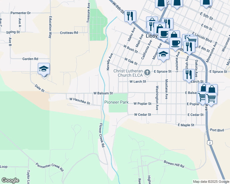 map of restaurants, bars, coffee shops, grocery stores, and more near 401-465 West Balsam Street in Libby