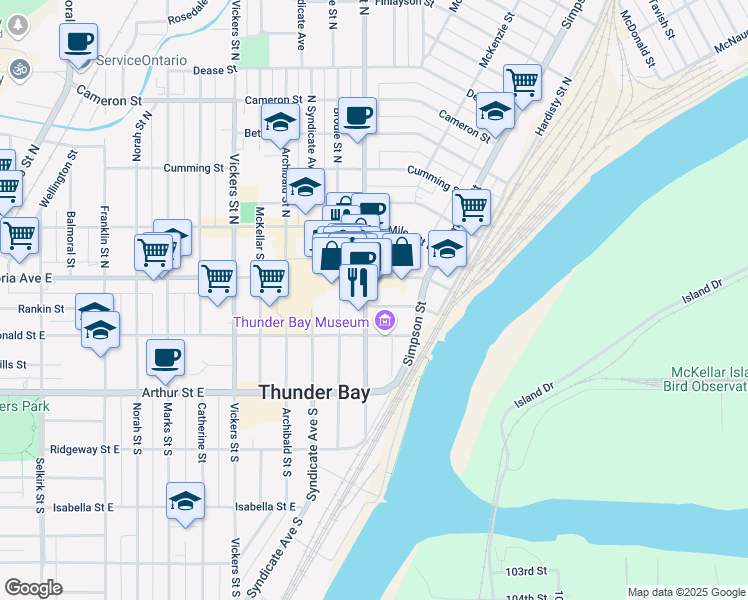 map of restaurants, bars, coffee shops, grocery stores, and more near 114 May Street South in Thunder Bay