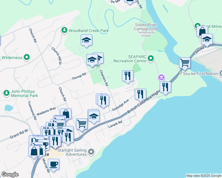 map of restaurants, bars, coffee shops, grocery stores, and more near 2121 Charters Road in Sooke