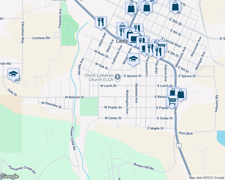 map of restaurants, bars, coffee shops, grocery stores, and more near 617 East Larch Street in Libby