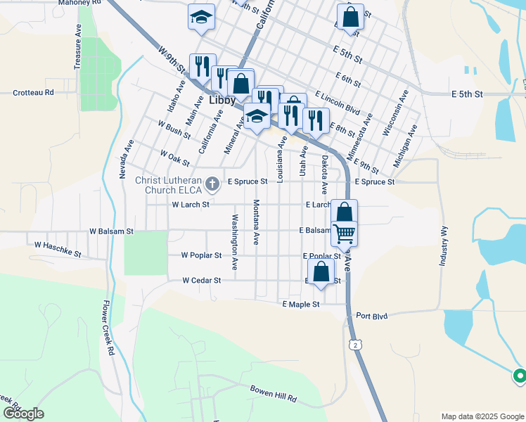 map of restaurants, bars, coffee shops, grocery stores, and more near 617 East Larch Street in Libby