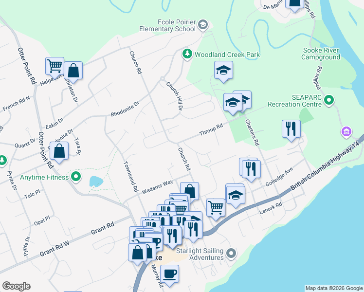 map of restaurants, bars, coffee shops, grocery stores, and more near 2185 Church Road in Sooke