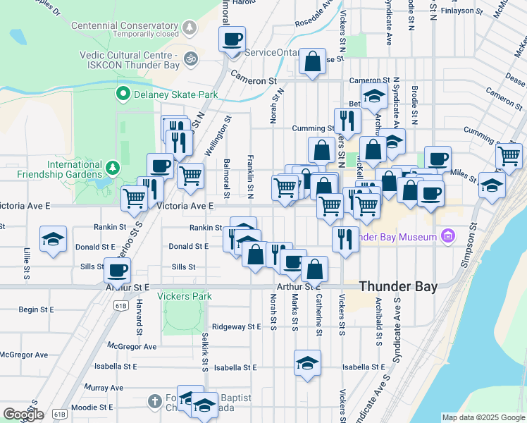 map of restaurants, bars, coffee shops, grocery stores, and more near in Thunder Bay
