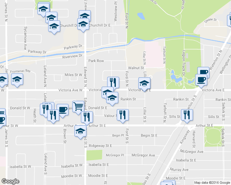 map of restaurants, bars, coffee shops, grocery stores, and more near in Thunder Bay