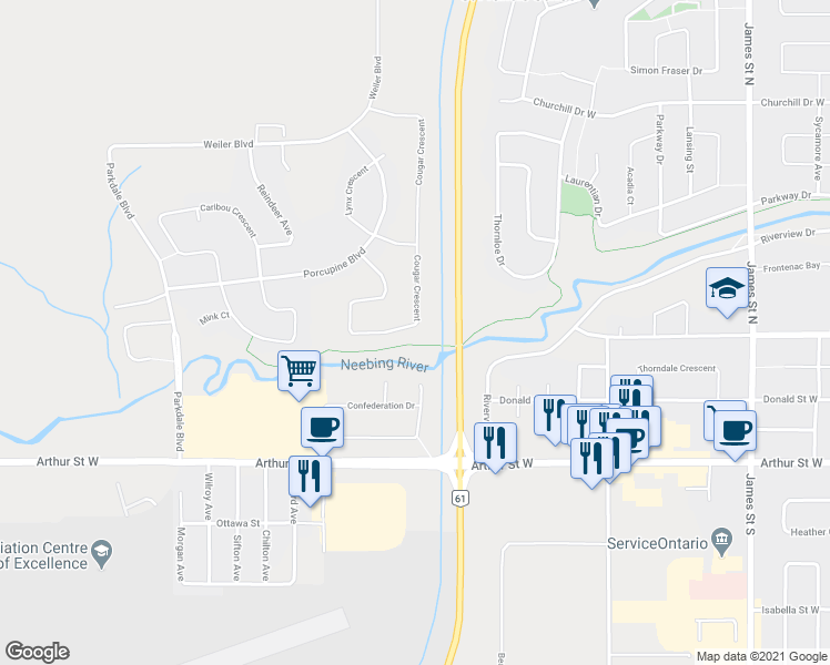 map of restaurants, bars, coffee shops, grocery stores, and more near 280 Cougar Crescent in Thunder Bay