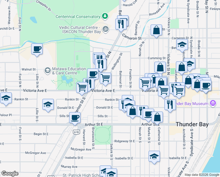 map of restaurants, bars, coffee shops, grocery stores, and more near 1703 Victoria Avenue East in Thunder Bay
