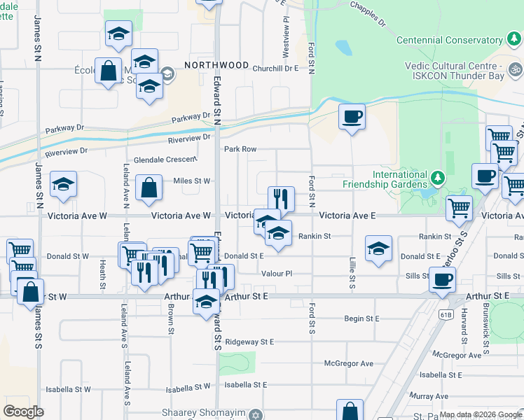 map of restaurants, bars, coffee shops, grocery stores, and more near 2641 Victoria Avenue East in Thunder Bay