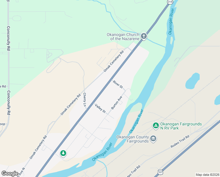 map of restaurants, bars, coffee shops, grocery stores, and more near 2254 Elmway Street in Okanogan