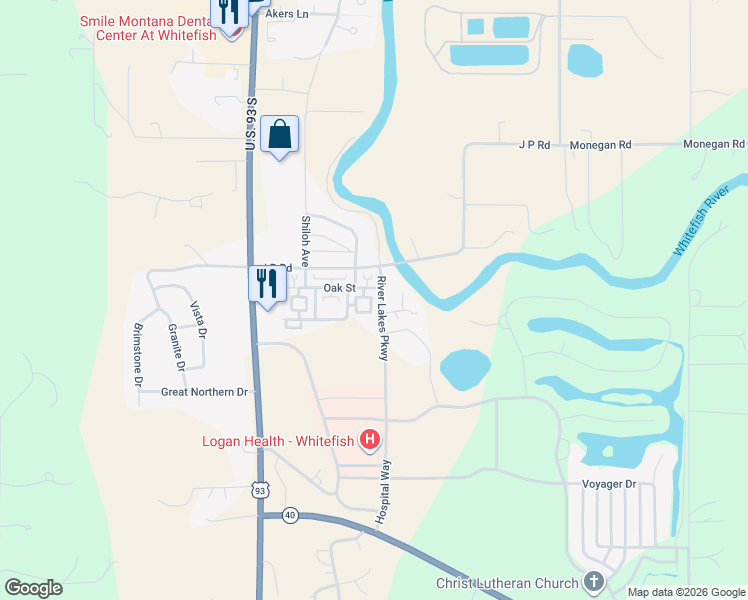 map of restaurants, bars, coffee shops, grocery stores, and more near 1001 River Lakes Parkway in Whitefish