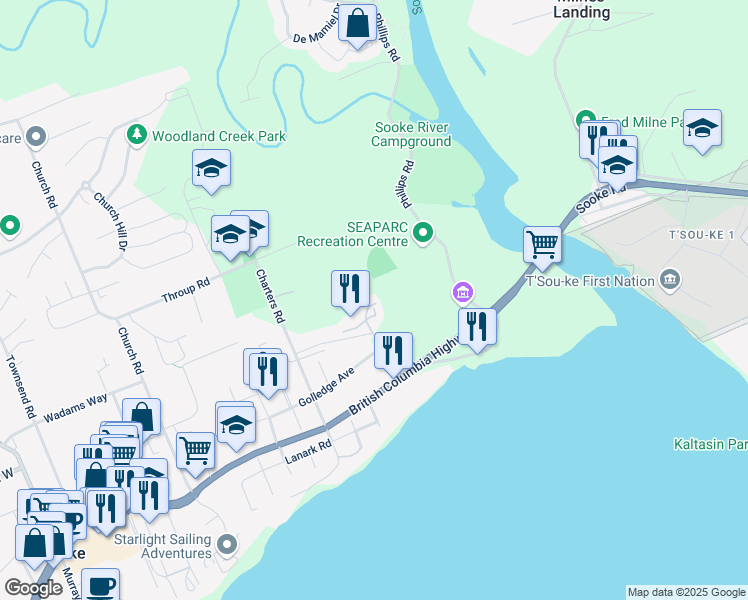 map of restaurants, bars, coffee shops, grocery stores, and more near 2190 Drennan Street in Sooke