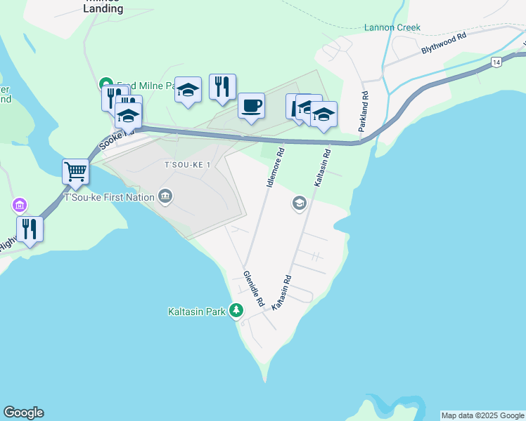 map of restaurants, bars, coffee shops, grocery stores, and more near Idlemore Road in Sooke