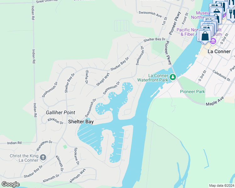 map of restaurants, bars, coffee shops, grocery stores, and more near 156 Nootka Place in La Conner