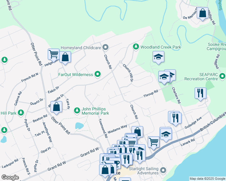 map of restaurants, bars, coffee shops, grocery stores, and more near 2206 Church Road in Sooke