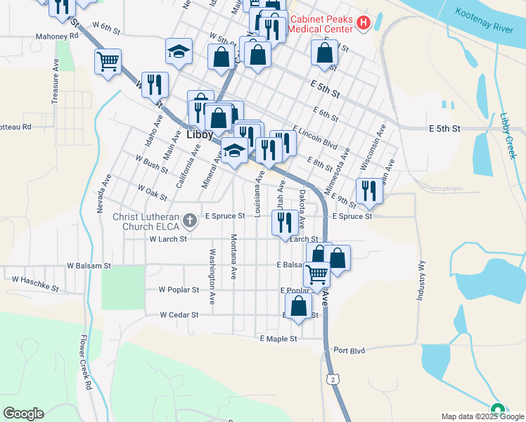 map of restaurants, bars, coffee shops, grocery stores, and more near 1021 Louisiana Avenue in Libby