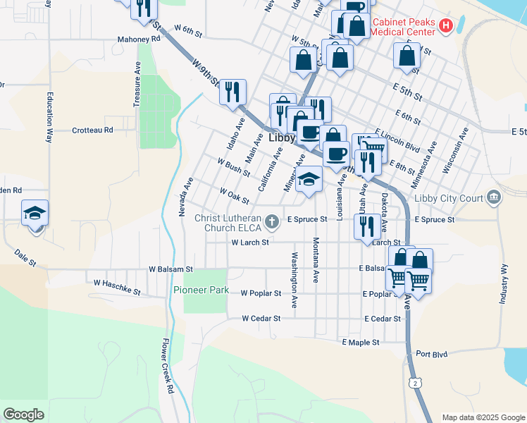 map of restaurants, bars, coffee shops, grocery stores, and more near 113 West Oak Street in Libby