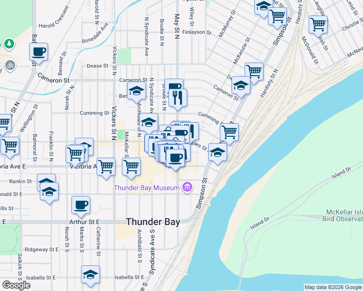 map of restaurants, bars, coffee shops, grocery stores, and more near 230 Miles Street East in Thunder Bay