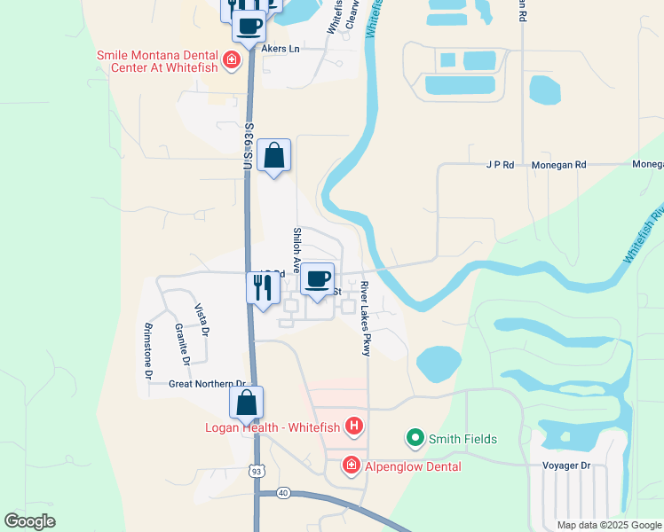 map of restaurants, bars, coffee shops, grocery stores, and more near 6213 Shiloh Avenue in Whitefish