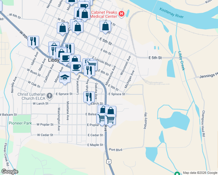 map of restaurants, bars, coffee shops, grocery stores, and more near 609 East 9th Street in Libby