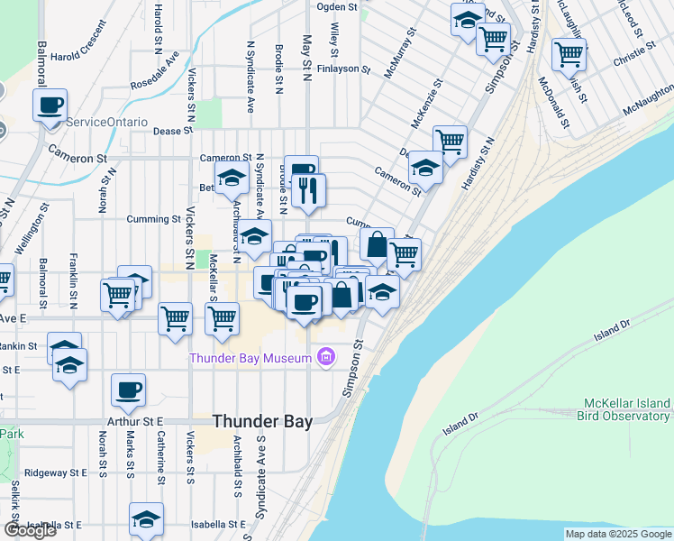 map of restaurants, bars, coffee shops, grocery stores, and more near 205 Miles Street East in Thunder Bay