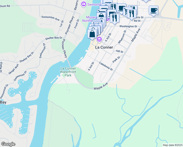 map of restaurants, bars, coffee shops, grocery stores, and more near 303 Sherman Street in La Conner