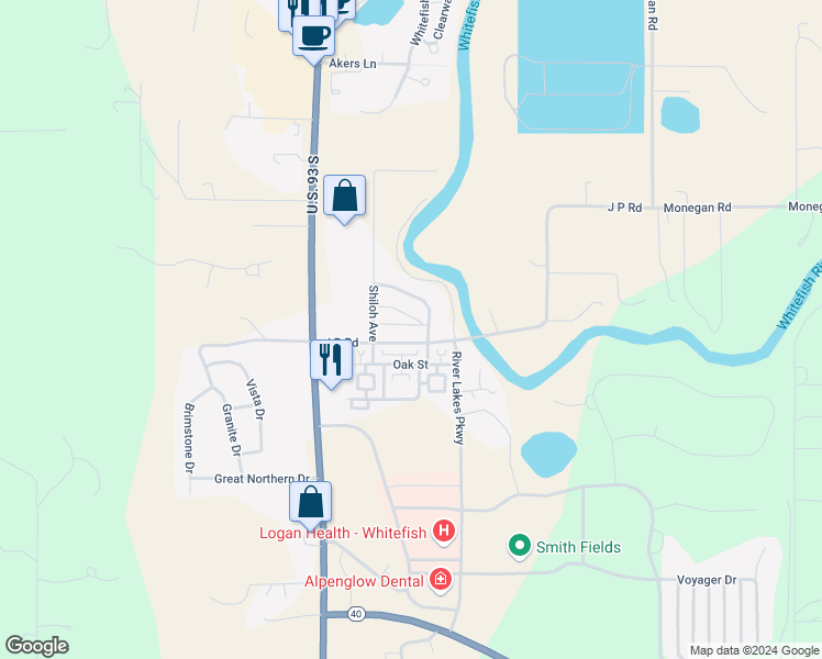 map of restaurants, bars, coffee shops, grocery stores, and more near 6213 Shiloh Avenue in Whitefish