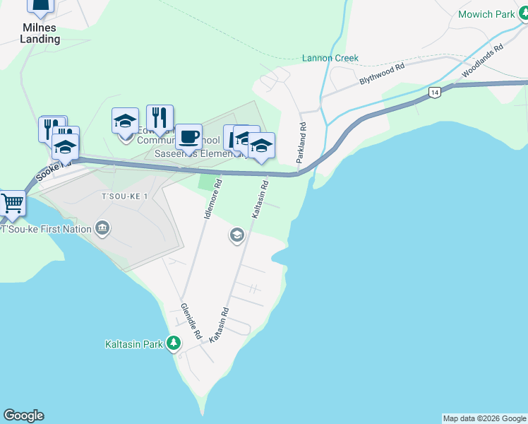 map of restaurants, bars, coffee shops, grocery stores, and more near 2050 Kaltasin Road in Sooke