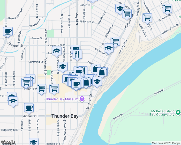 map of restaurants, bars, coffee shops, grocery stores, and more near 128 Leith Street in Thunder Bay
