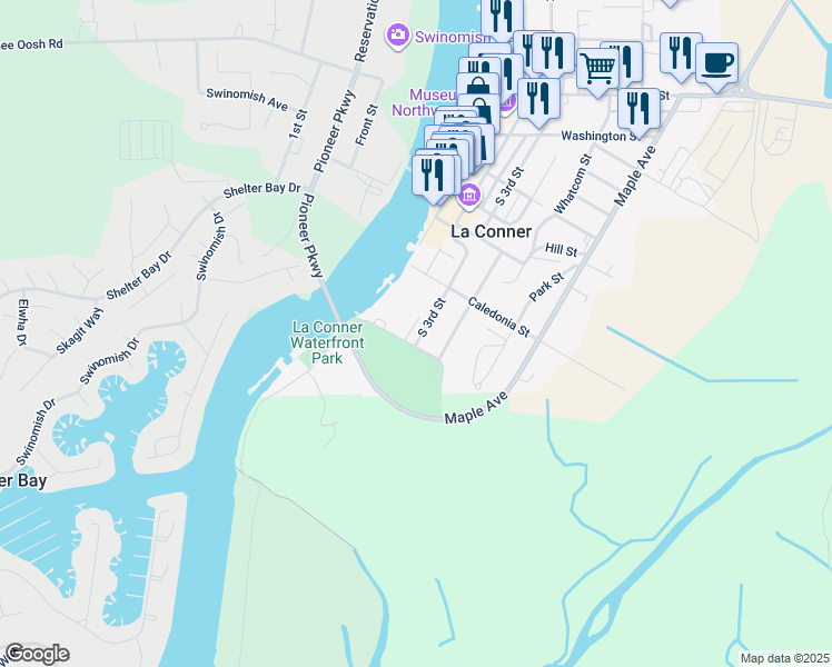 map of restaurants, bars, coffee shops, grocery stores, and more near 303 Sherman Street in La Conner