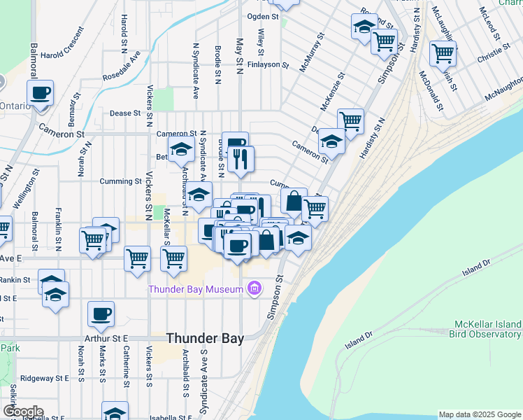 map of restaurants, bars, coffee shops, grocery stores, and more near 205 Miles Street East in Thunder Bay
