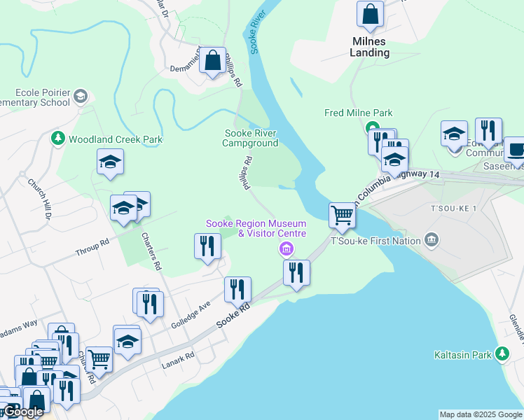 map of restaurants, bars, coffee shops, grocery stores, and more near 2072 Phillips Road in Sooke